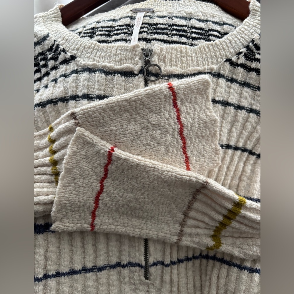 Free People multi colored STRIPED Henley ROSSI Ribbed Sweater Sz L - Picture 7 of 9
